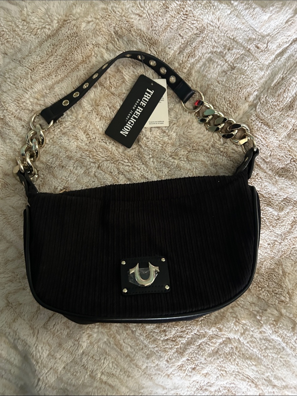 True Religion Black Shoulder Bag with Silver Chain Accent